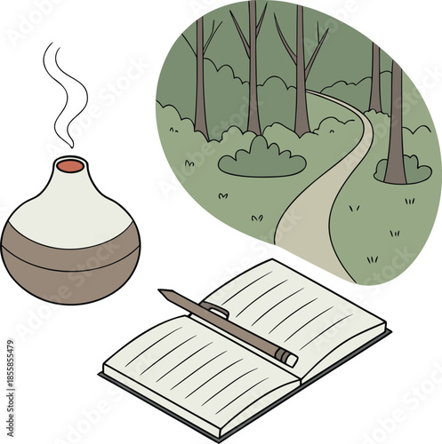Creative writing inspiration with forest path and vase