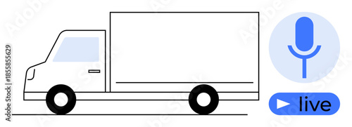 Transportation, communication, live streaming, logistics, podcast, digital services. Minimalist truck illustration next to microphone and live button. Transportation and communication concept