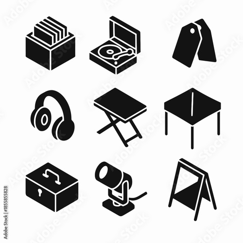Minimalist black icons of objects including vinyl player, headphones, and table designs
