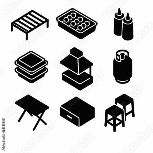 Black silhouette icons: bbq grill, kitchen utensils, gas tank, dining items
