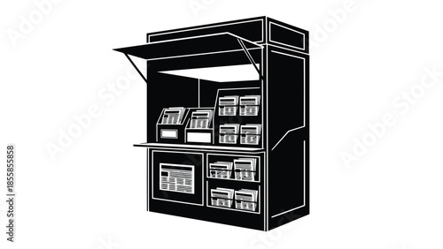 Black and white illustration of a food truck kiosk with various electronic devices on a isolated on white background