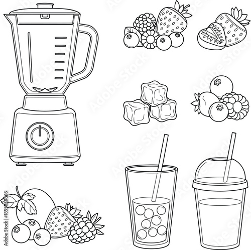 Fresh Fruit Smoothie Preparation with Blender and Various Fruits Illustration