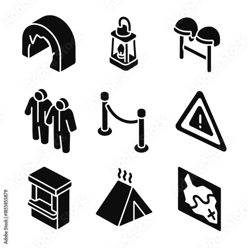 Outdoor adventure icons set: tents, lanterns, warnings, and maps