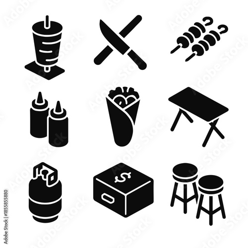 Set of icons illustrating kebab, cutlery, skewers, condiments, wrap, table, gas cylinder, cash register, stools