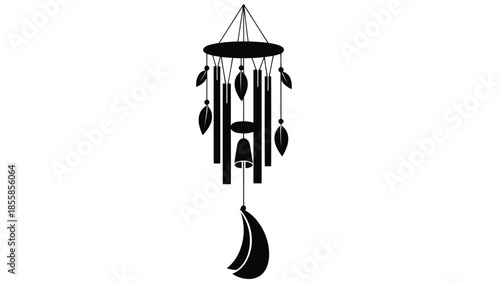 Black silhouette of a wind chime with a crescent moon isolated on white background