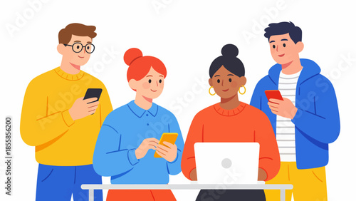Four people using devices together