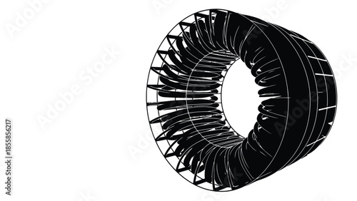 Black 3D ring structure with white lines on a isolated on white background