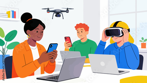 People using tech devices in office