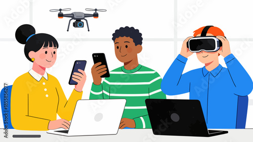 People using tech devices in office