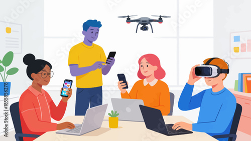 People using tech devices in office