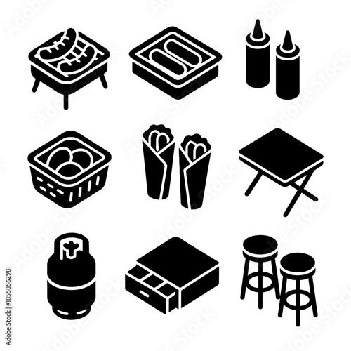 Icon set of asian cuisine and dining elements in black and white