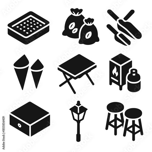 Icon set: food, outdoor, furniture, and tools in black and white silhouette