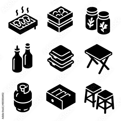 Collection of outdoor cooking and dining icons in black and white silhouettes