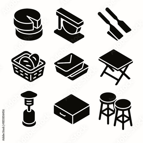 Minimalist silhouettes of kitchen and dining objects in black icons set