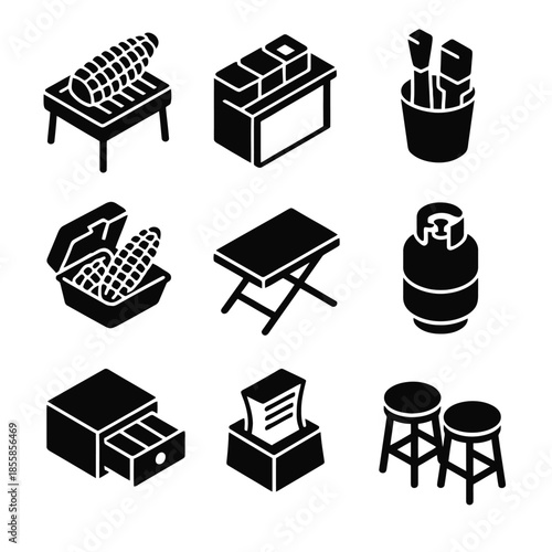 Set of 9 vector icons: corn grill, brick wall, kitchen utensils, picnic table