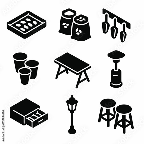 Black silhouettes of various everyday objects including furniture and tools