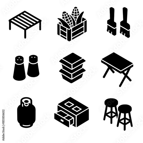 Silhouette icons of furniture, kitchen items, and agriculture tools