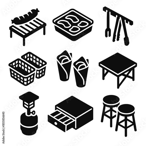 Set of nine kitchen and outdoor activity icons in black and white