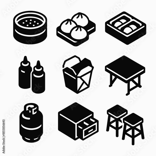 Asian cuisine icons: dumplings, spice bottles, takeout box, dining elements