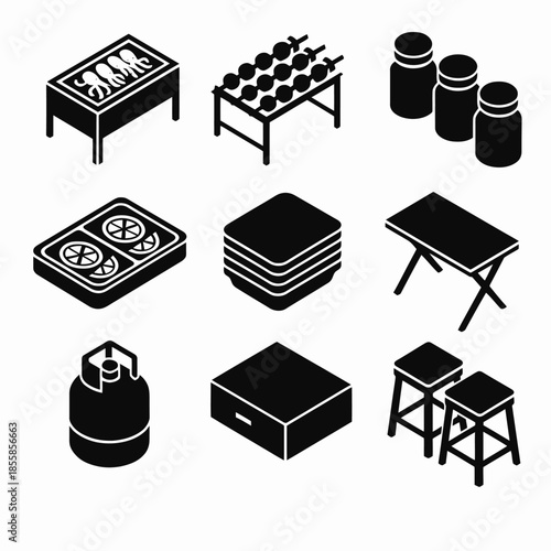 Outdoor dining icons: grill, skewers, spices, plates, tables, propane