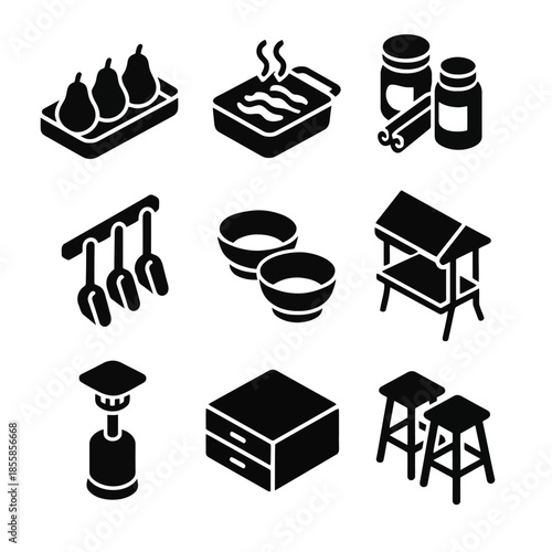 Monochrome icons of kitchen utensils and ingredients including bowls and jars