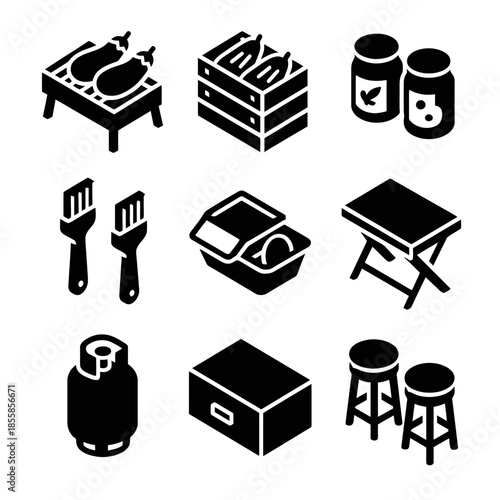Barbecue icons collection: grill, utensils, food, storage, seating