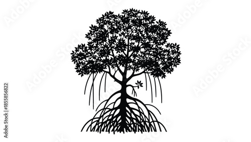 Black silhouette of a tree with exposed roots isolated on white background