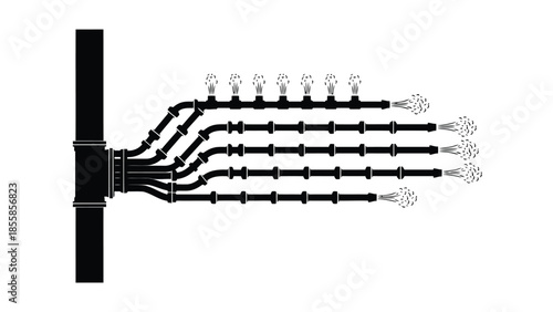 Black silhouette of industrial sprinkler system on , flat design isolated on white background