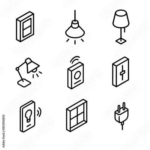 Smart home icon set featuring lamps, switches, and plugs in minimalist design