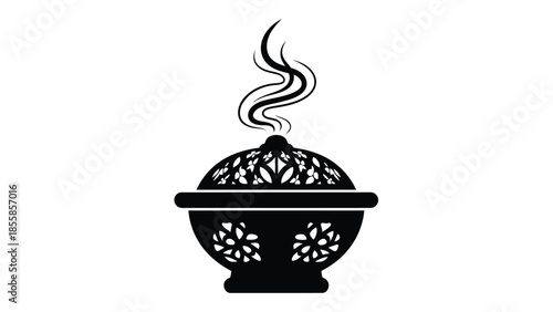 Black silhouette of a decorative incense burner with smoke isolated on white background