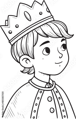 Young Prince Boy Child in Crown Hand-drawn Sketch Drawing Vector Illustration, Line Linear Symbol Engraving Coloring Book, Black and White Isolated