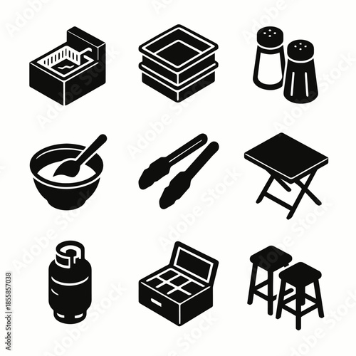 Kitchen utensils and furniture icons set - fryer, containers, table, stools