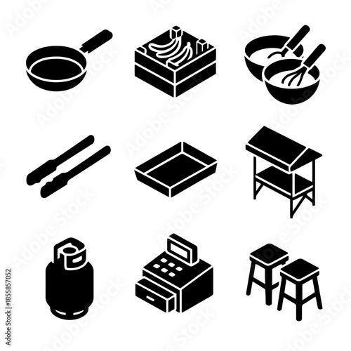Kitchen utensils and appliances in black silhouette icons collection
