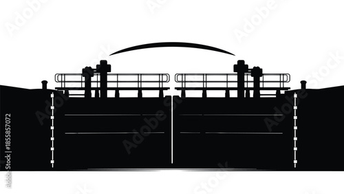 Black silhouette of industrial dam gates with metal railings and pipes isolated on white background