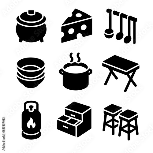 Kitchen utensils silhouette icons: chefs tools, cutlery, stove, table, chairs, crockery