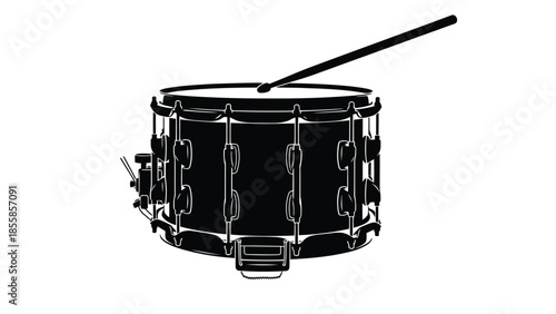 Black snare drum silhouette with drumstick isolated on white background