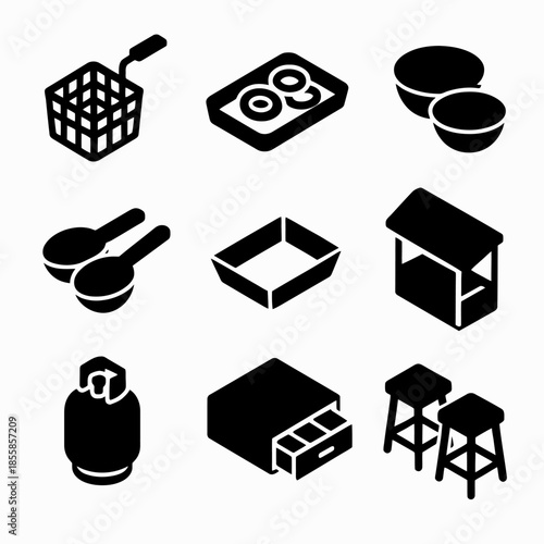 Icon set: fry basket, egg tray, measuring cups, booth, gas cylinder, spice rack, bar stools