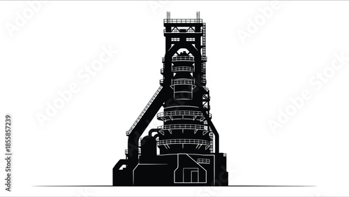 Black silhouette illustration of a tall industrial blast furnace or factory building used for heavy industry production isolated on white background