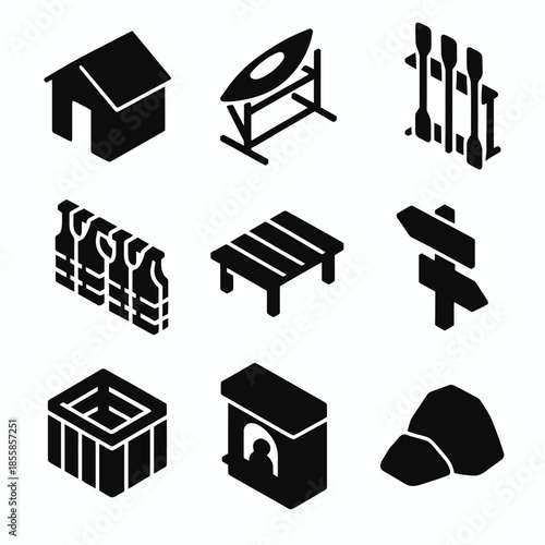 Black silhouette set: house, canoe, fence, vests, table, signpost, container, booth, rocks