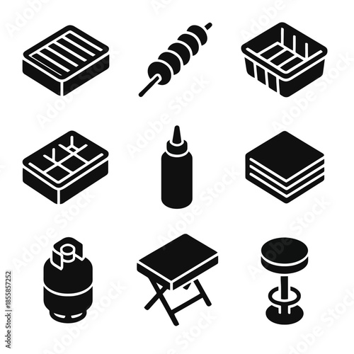 Barbecue icons: grill, skewer, basket, thermometer, sauce bottle, propane tank, folding table, bar stool