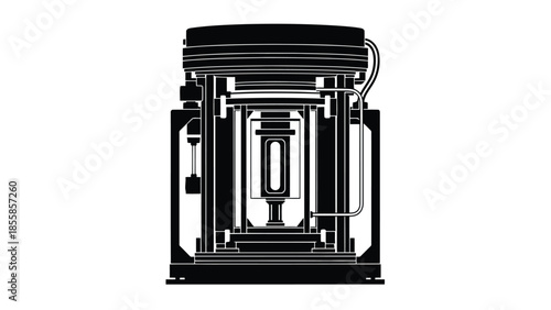 Detailed black and white illustration of a camera lens with internal components isolated on white background