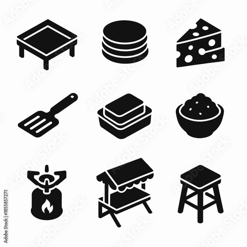 Collection of black icons: cheese, pancakes, cooking utensils, and griddle