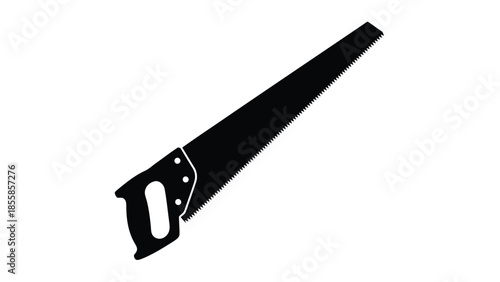 Black silhouette of a classic hand saw tool for woodworking and carpentry projects, isolated on white background