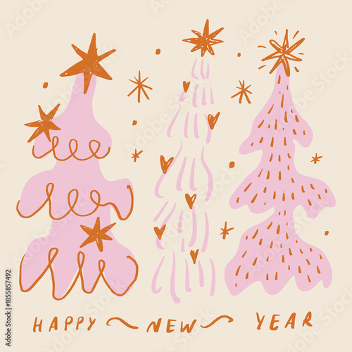 Happy holidays modern abstract western bimbo pink tree elm and toys decoration stars trendy girly set. Scandinavian style minimalistic print. Nordic design for interior and other nursery dry brush