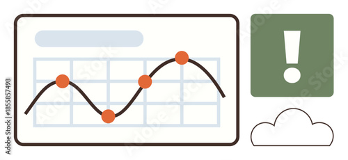 Graph with plotted data points on grid, alert sign in green, and cloud for cloud storage or analysis. Ideal for analytics, statistics, alerts, decision-making, forecasting, technology simple flat