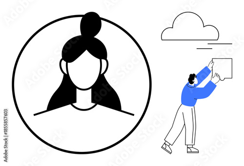 User interaction concept. User profile d through abstract human figure, social identity. User profile relevant for networking, digital platforms, technology, online identity, communication