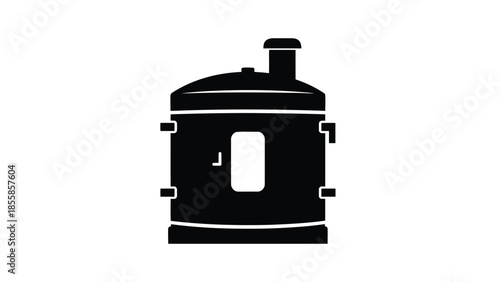 Minimalist black silhouette icon representing an industrial pressure cooker or distiller with a rectangular gauge, . isolated on white background