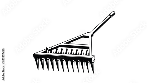 Black and white flat illustration of a garden rake isolated on white background