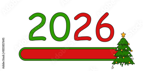 2026 coming vector banner. Vector 2026 number with power line and Christmas tree. 2026 new year start concept isolated transparent background. Editable stroke EPS 10