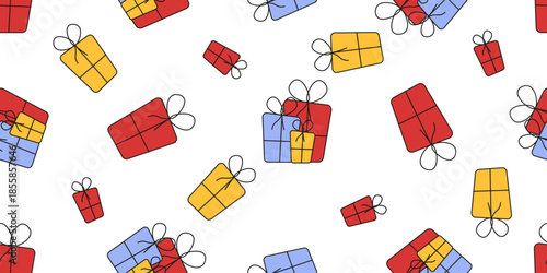 Vector Christmas Wrapping Paper template design. Christmas seamless pattern from doodle Christmas gift box isolated white background. Simple hand drawn XMAS trellis fabric wallpaper print. EPS 10